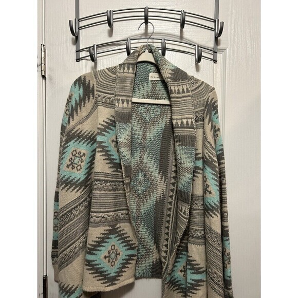 Dreamers Open Front Cardigan Sweater Women’s Medium/ Large Tribal Print Aqua - Picture 3 of 16